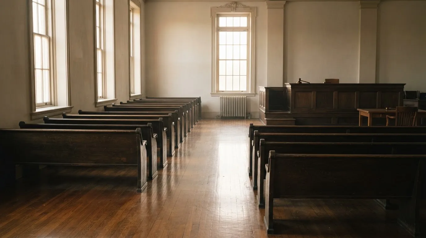 Una sala de tribunal vacía con bancos de madera a la luz de la mañana