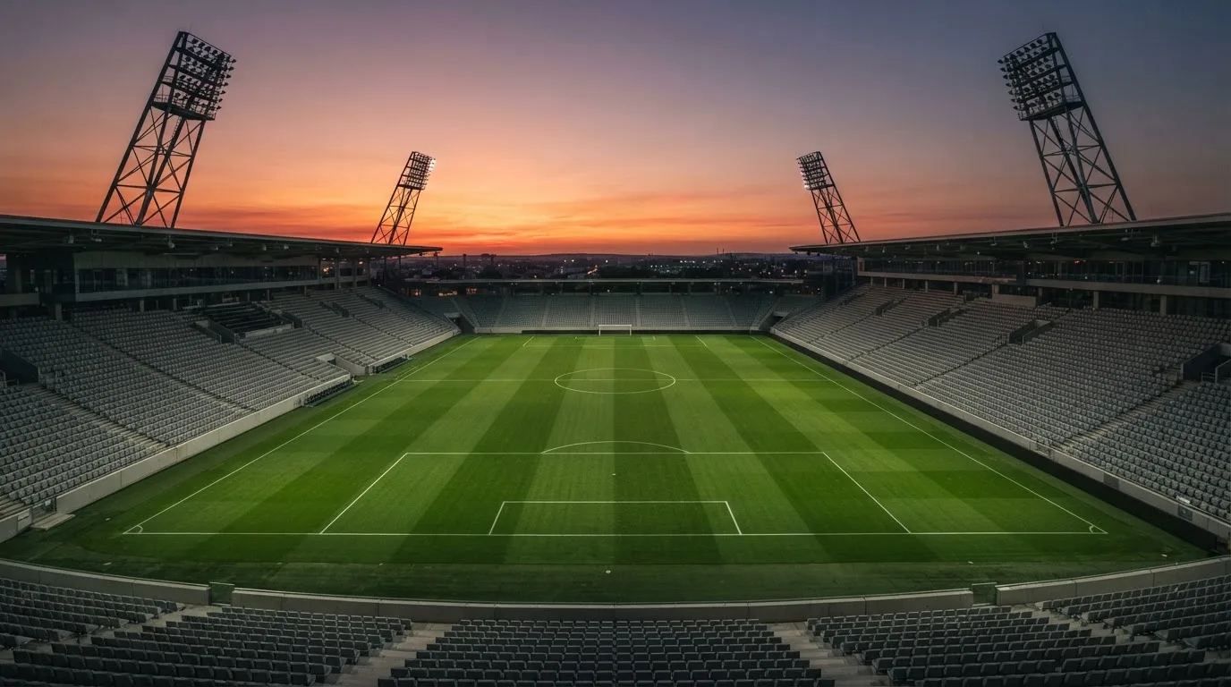 Un estadio de fútbol vacío con torres de iluminación al atardecer