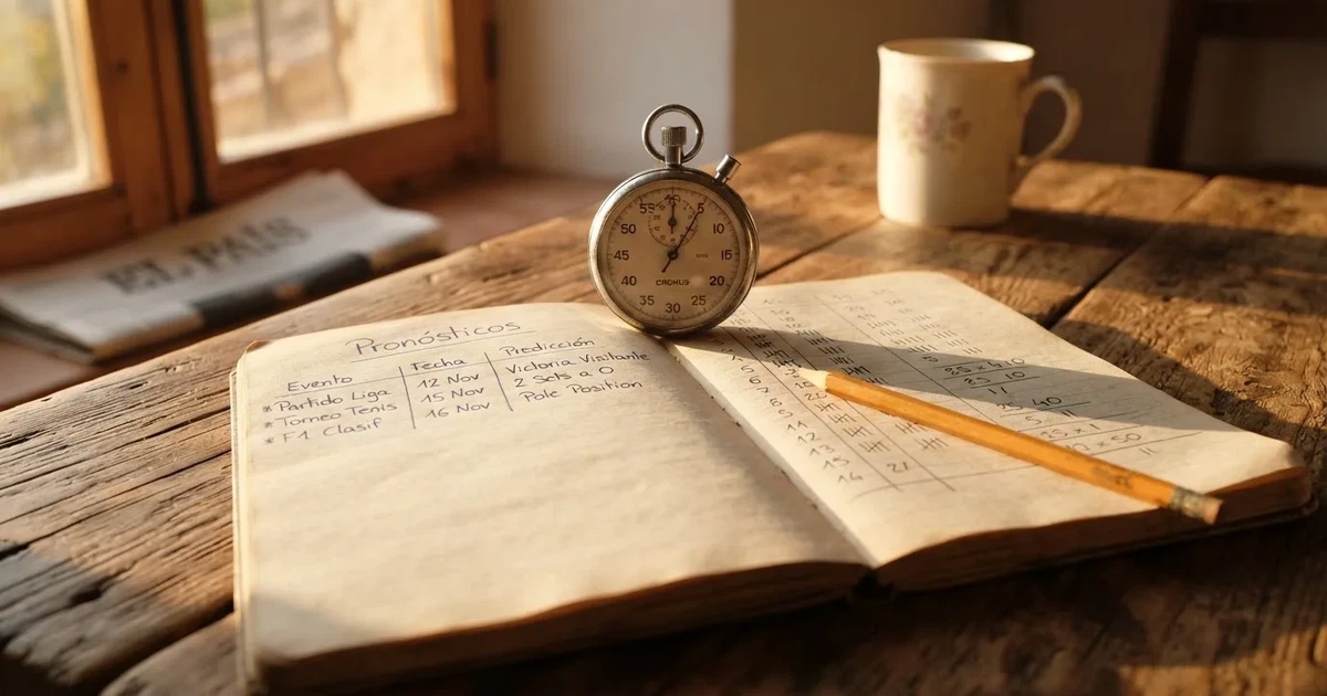Un cuaderno abierto con un lápiz y un cronómetro sobre una mesa de madera