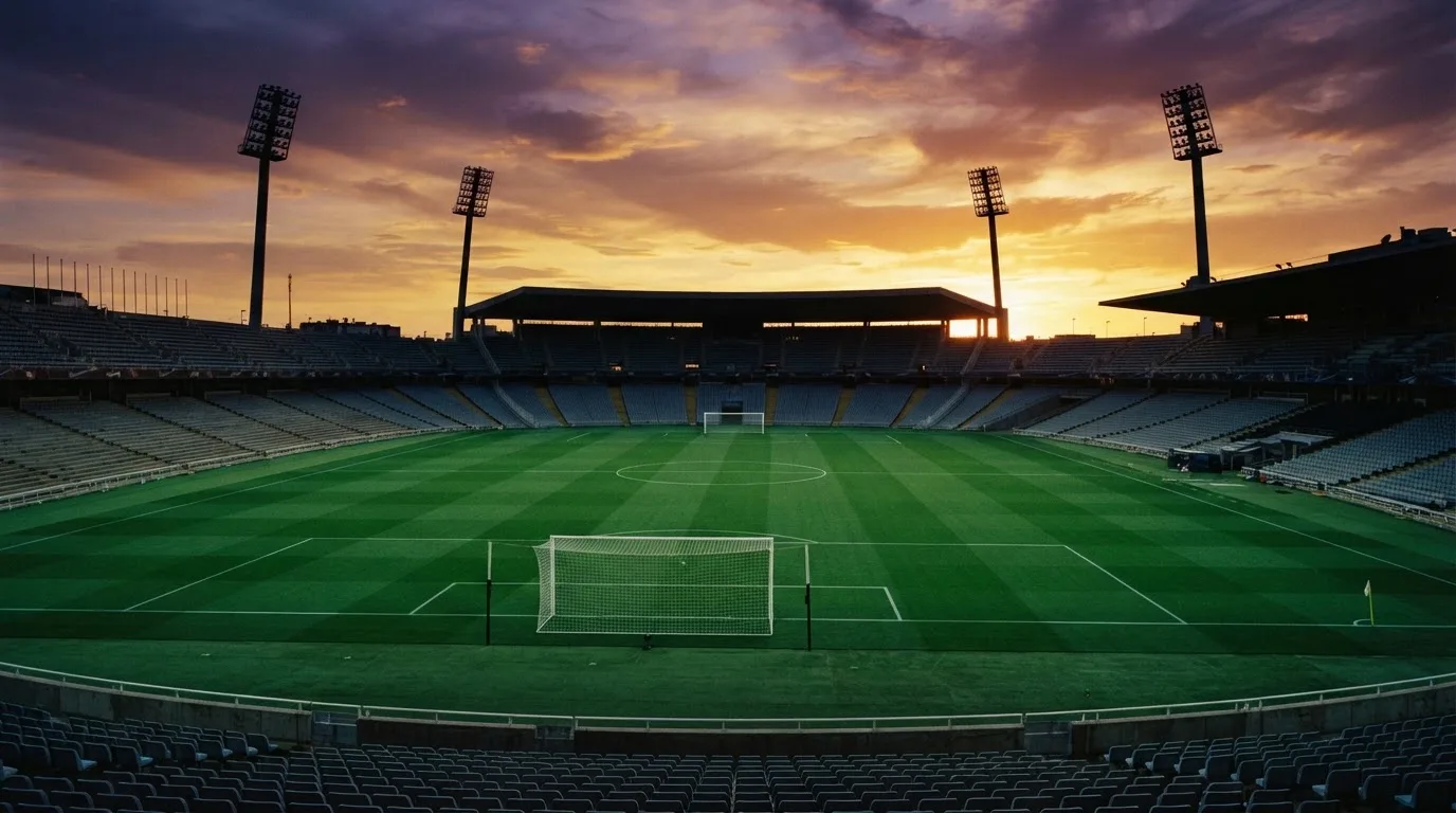Un estadio de fútbol vacío con torres de iluminación al atardecer