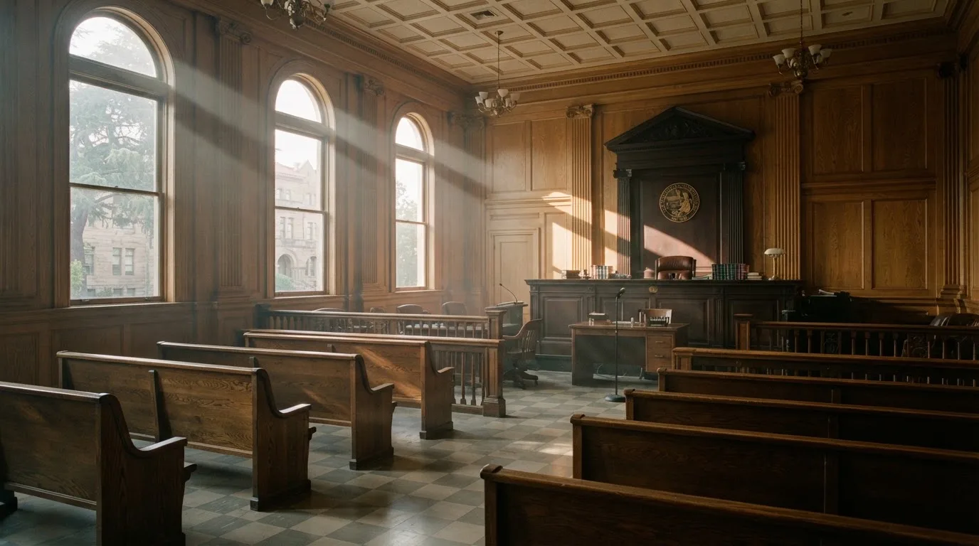 Una sala de tribunal vacía con bancos de madera a la luz de la mañana