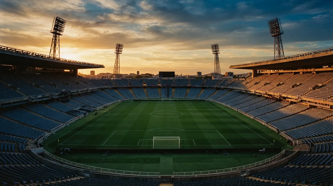 Un estadio de fútbol vacío con torres de iluminación al atardecer