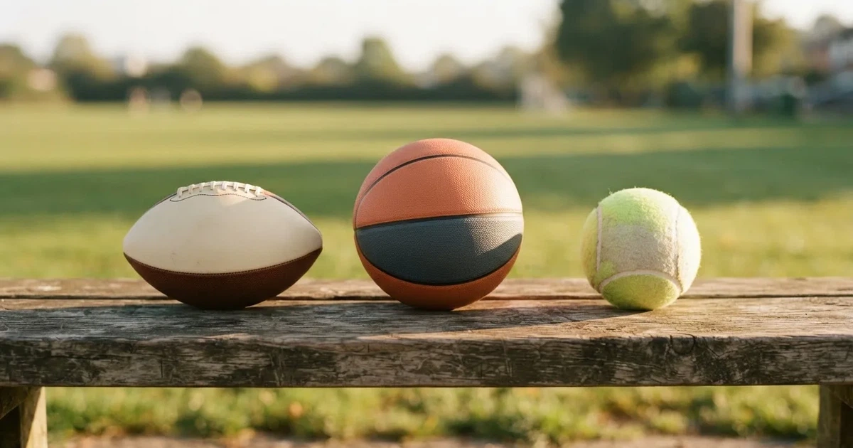 Tres balones de distintos tipos, uno junto a otro, sobre un banco de madera