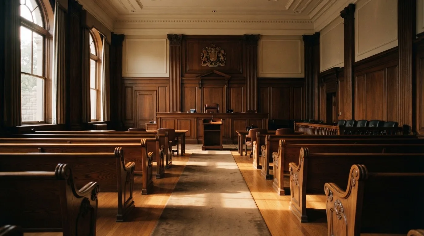 Una sala de tribunal vacía con bancos de madera a la luz de la mañana