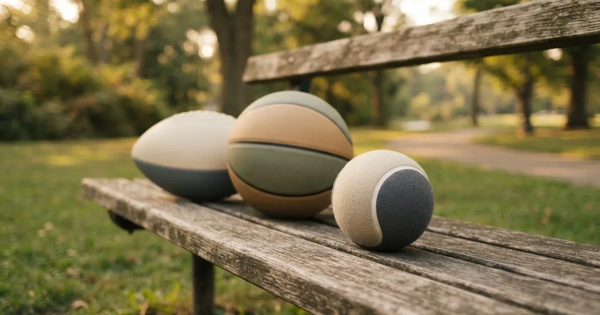 Tres balones de distintos tipos, uno junto a otro, sobre un banco de madera