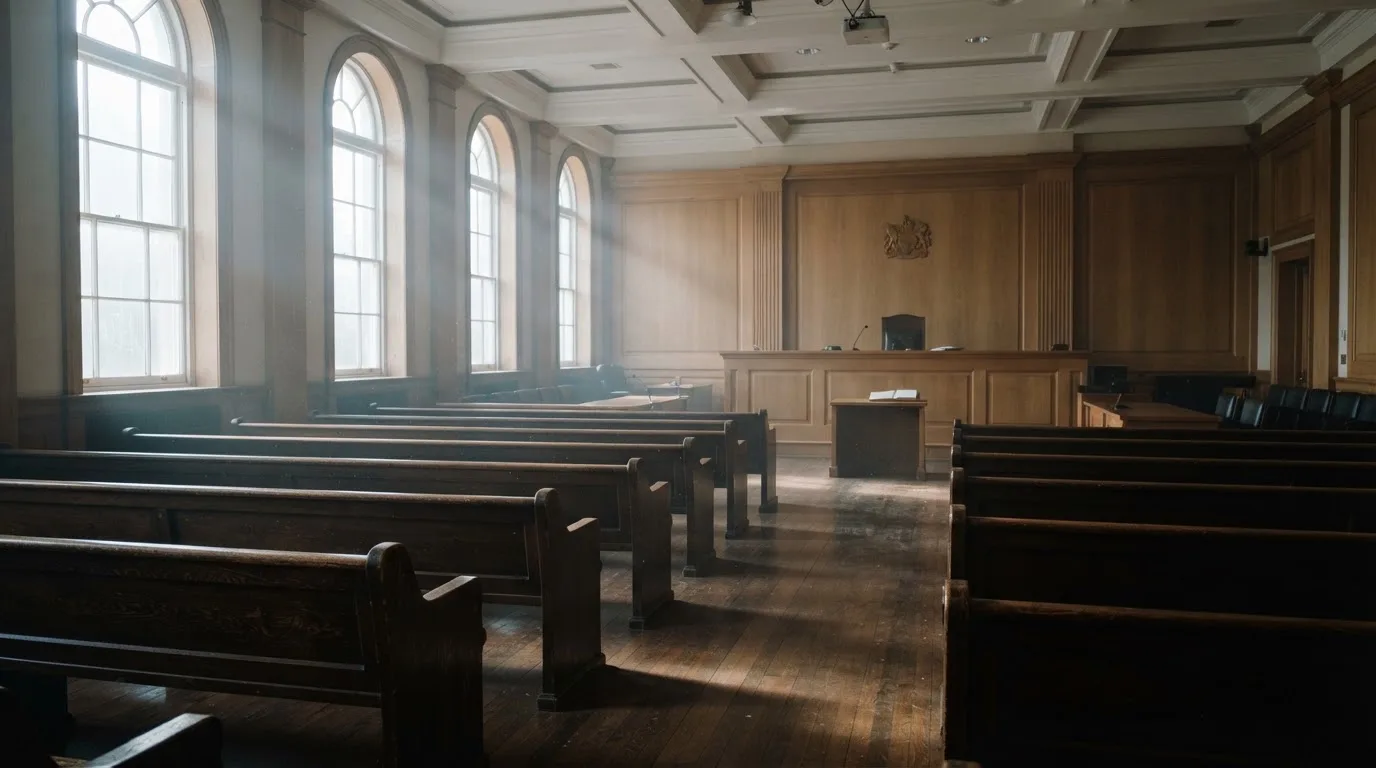 Una sala de tribunal vacía con bancos de madera a la luz de la mañana