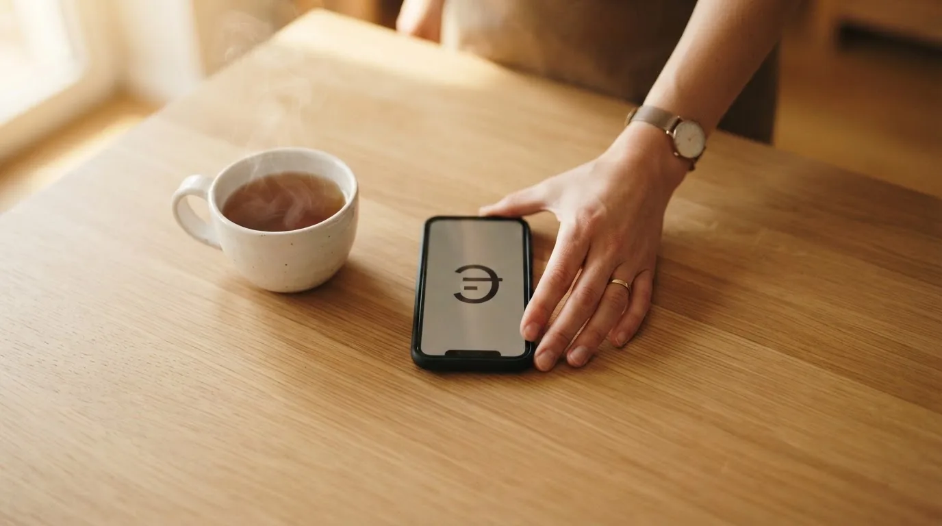 Una mano deja un móvil junto a una taza de té sobre la mesa de la cocina, una tarde tranquila