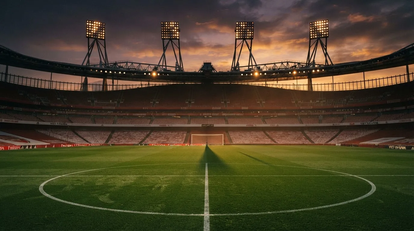 Un estadio de fútbol vacío con torres de iluminación al atardecer