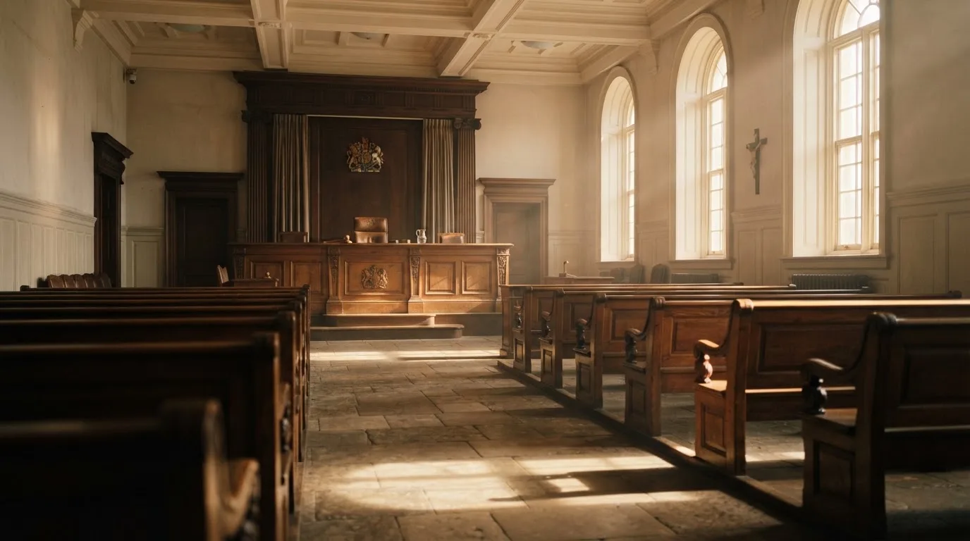 Una sala de tribunal vacía con bancos de madera a la luz de la mañana