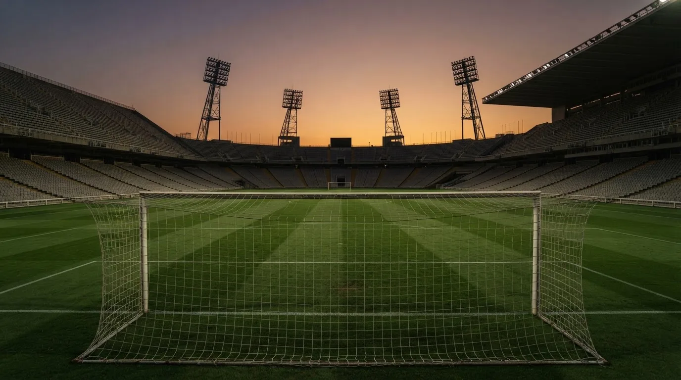 Un estadio de fútbol vacío con torres de iluminación al atardecer