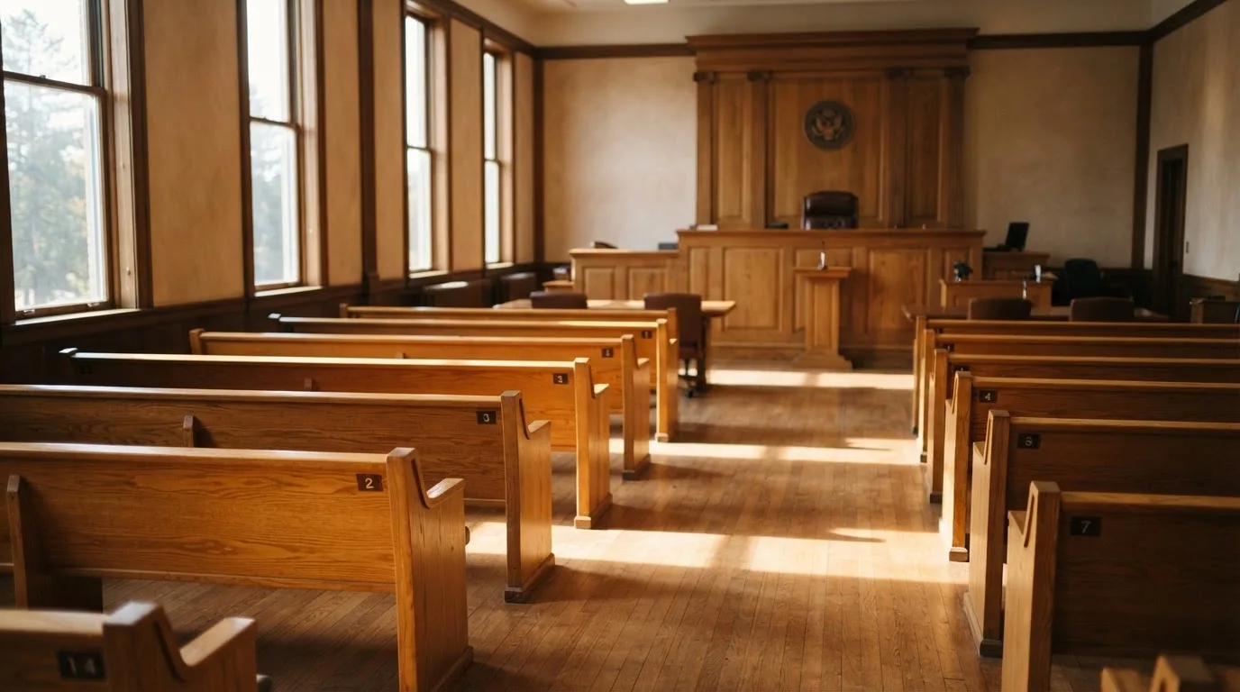 Una sala de tribunal vacía con bancos de madera a la luz de la mañana