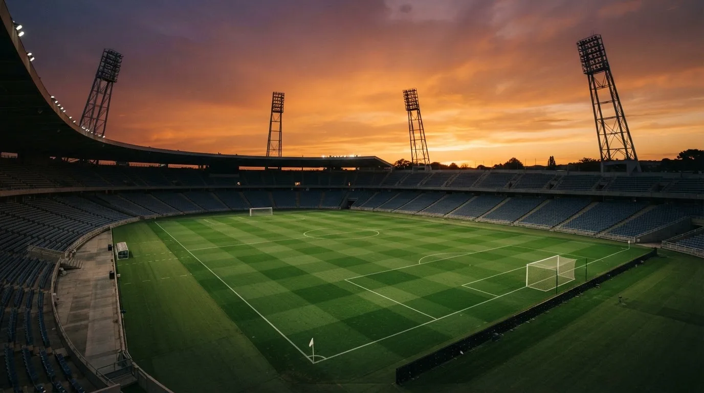 Un estadio de fútbol vacío con torres de iluminación al atardecer