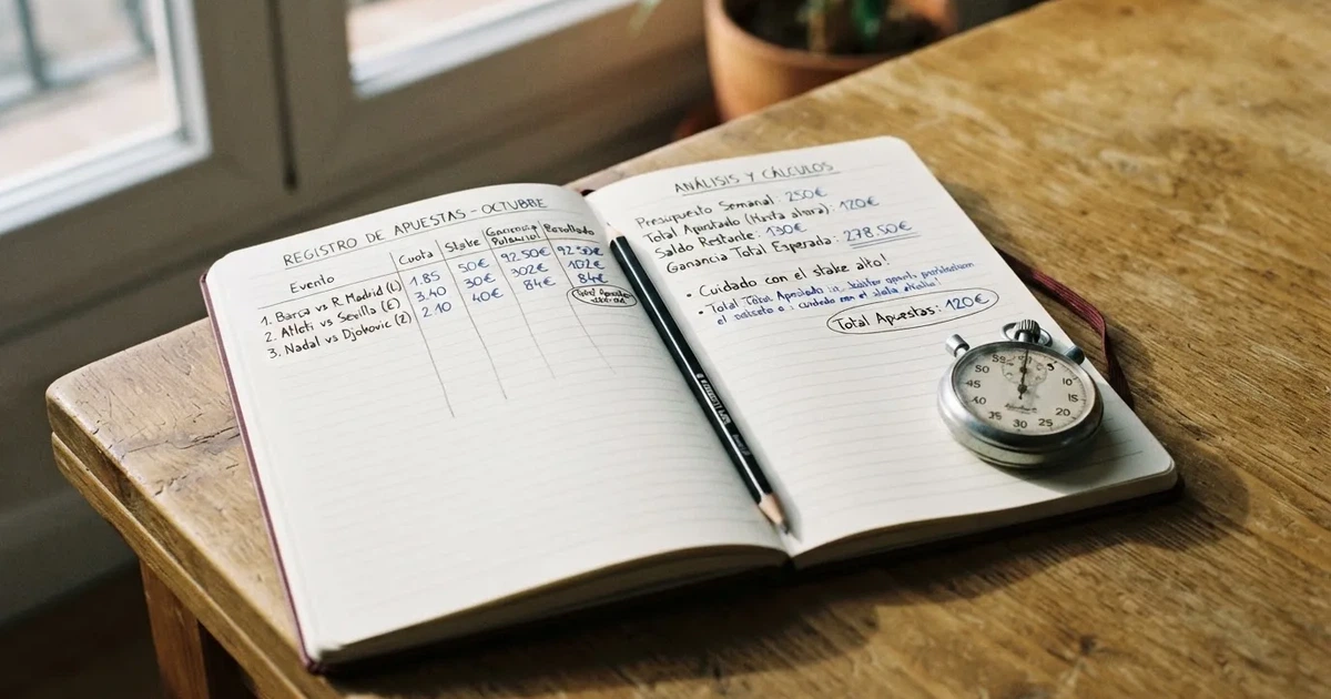 Un cuaderno abierto con un lápiz y un cronómetro sobre una mesa de madera