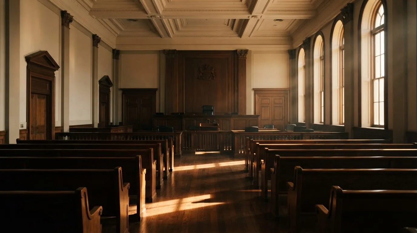 Una sala de tribunal vacía con bancos de madera a la luz de la mañana
