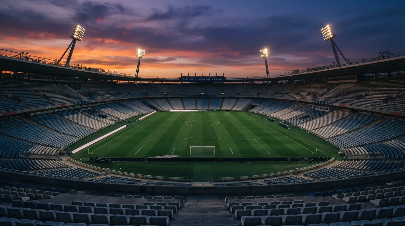 Un estadio de fútbol vacío con torres de iluminación al atardecer