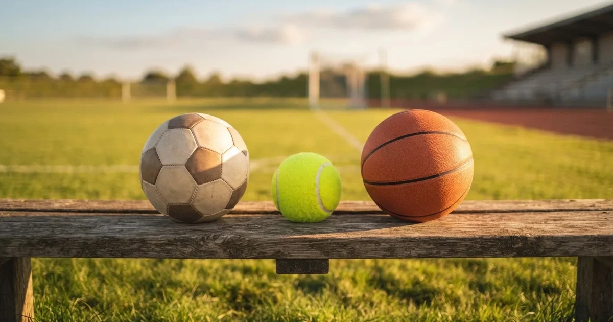 Tres balones de distintos tipos, uno junto a otro, sobre un banco de madera